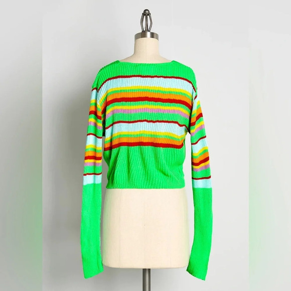 DAISY STREET x MODCLOTH Scream for Green Cardigan in Neon Green Stripes - Picture 2 of 8